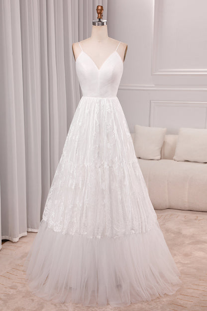 Ivory A Line Spaghetti Straps Long Bridal Dress With Appliqued Lace V-neck
