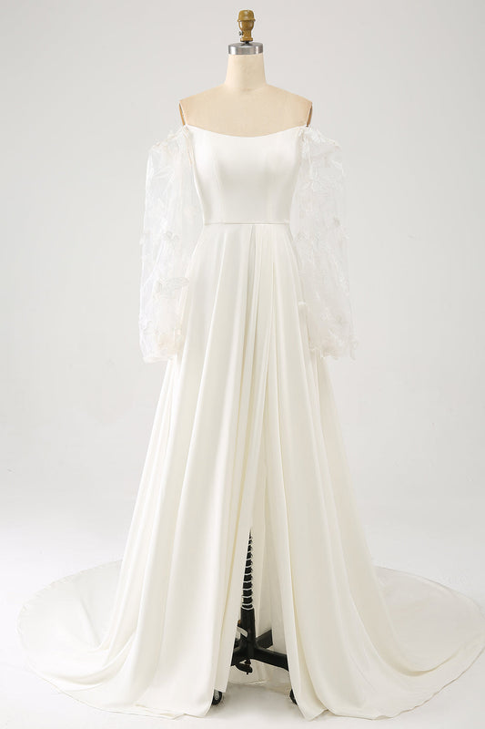 Ivory A Line Off The Shoulder Bridal Dress With 3D Butterflies Long Sleeves Sexy