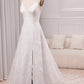 Ivory A Line Spaghetti Straps Lace Chapel Train Sparkly Bridal Dresses With Slit V-neck