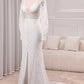 Ivory Sheath V-Neck Long Sleeves Backless Wedding Dress with Front Slit Sexy