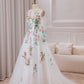 Ivory Flower A-Line Round Neck Tulle Wedding Dress with Long Sleeves Beautiful