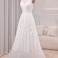 Ivory A Line Spaghetti Straps Long Bridal Dress With Appliqued Lace V-neck