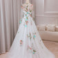 Ivory Flower A-Line Round Neck Tulle Wedding Dress with Long Sleeves Beautiful