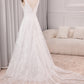 Ivory A Line Spaghetti Straps Lace Chapel Train Sparkly Bridal Dresses With Slit V-neck