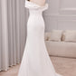 Ivory Mermaid Straight Neck Sweep Train Satin Bridal Dress with Slit Off Shoulder