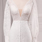 Ivory Sheath V-Neck Long Sleeves Backless Wedding Dress with Front Slit Sexy