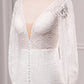 Ivory Sheath V-Neck Long Sleeves Backless Wedding Dress with Front Slit Sexy