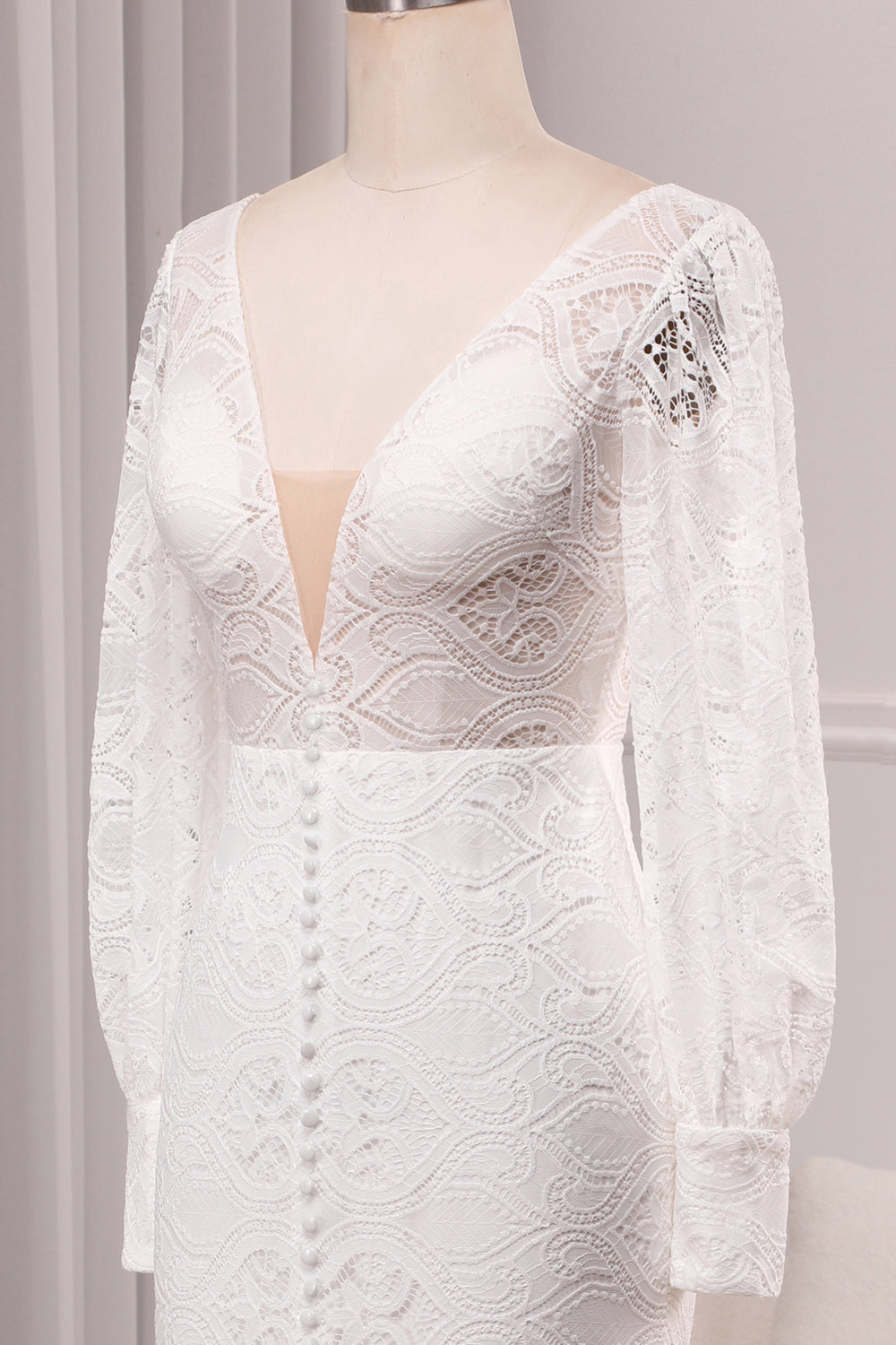 Ivory Sheath V-Neck Long Sleeves Backless Wedding Dress with Front Slit Sexy