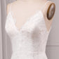 Ivory A Line Spaghetti Straps Lace Chapel Train Sparkly Bridal Dresses With Slit V-neck