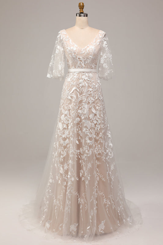 A Line V-Neck Short Sleeves Long Bridal Dress With Appliqued Lace Ivory Apricot