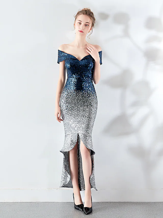 Sexy Wedding Guest Cocktail Party Dress Off Shoulder Sleeveless Asymmetrical Sequined