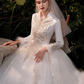Princess Ball Gown Wedding Dresses V Neck Floor Length Lace Tulle Long Sleeve Romantic Sparkle & Shine