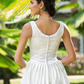 A-Line Wedding Dresses Scoop Neck Asymmetrical Satin Sleeveless with Beading Appliques Pocket