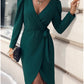 Women's Party Dress Cocktail Dress Green Dress Lace up Ruched V Neck Long Sleeve Midi Dress Christmas Birthday Green Solid Color