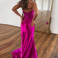Fuchsia Mermaid Backless Satin Long Corset Prom Dress With Slit Sexy