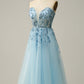 A Line Midi Sweetheart Sequins Sky Blue Prom Dress Off Shoulder Beautiful