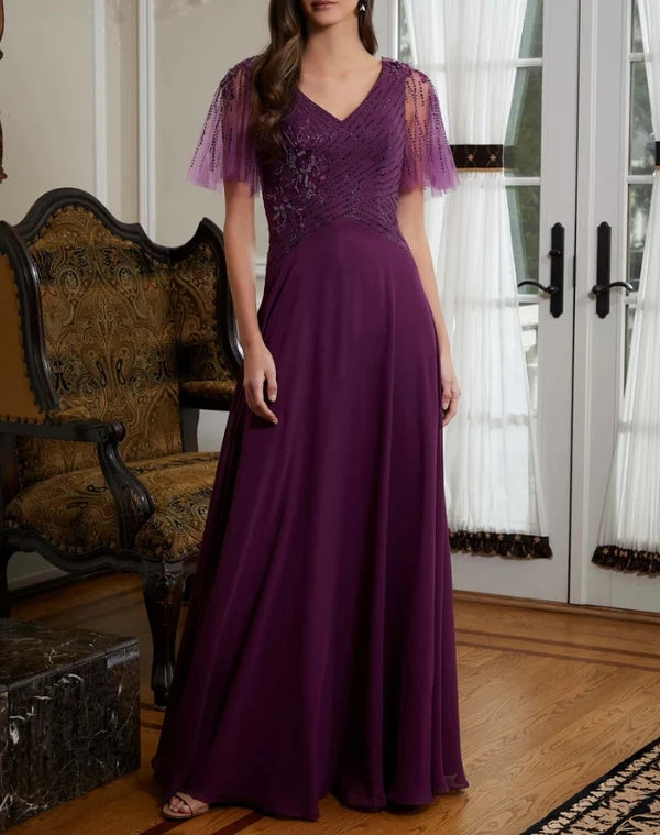 A-Line V-Neck Mother of the Bride Dress Beaded Tulle Evening Dresses Wedding Guest Party Dresses Elegant