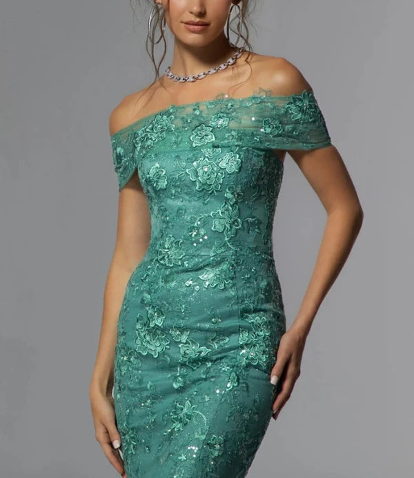 Sequins/Sparkling Mermaid Tulle With Appliques Off Shoulder Mother of the Bride Dress Evening Dresses Elegant