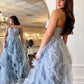 Blue Strapless Ruffle Tulle A-Line Long Prom Dresses with Slit Off Shoulder