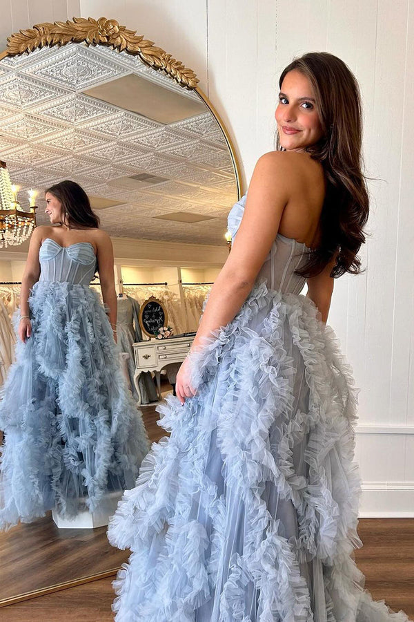 Blue Strapless Ruffle Tulle A-Line Long Prom Dresses with Slit Off Shoulder