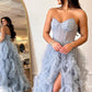 Blue Strapless Ruffle Tulle A-Line Long Prom Dresses with Slit Off Shoulder