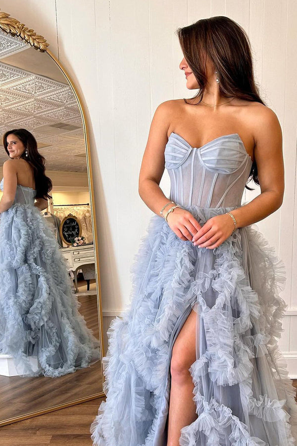 Blue Strapless Ruffle Tulle A-Line Long Prom Dresses with Slit Off Shoulder