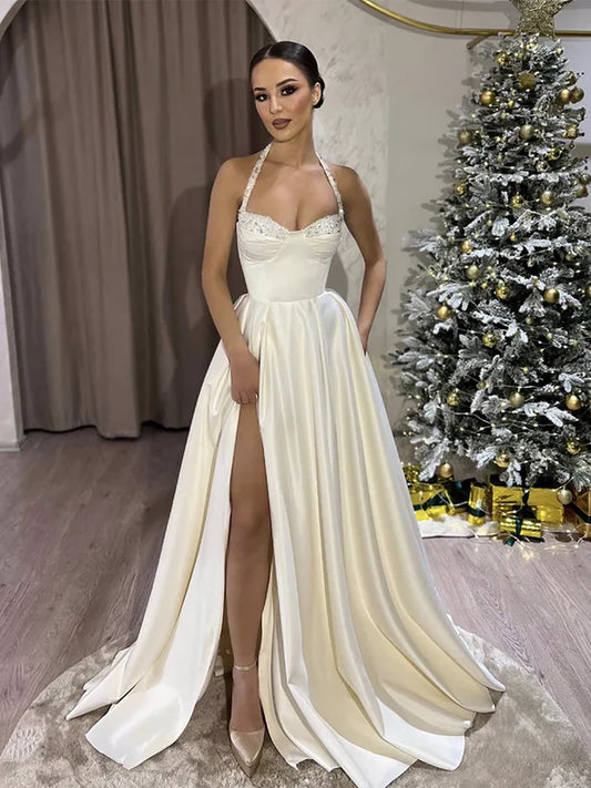 A-Line Sweetheart Neck Satin Beads Beige Long Prom Dress Evening Dress With Slit Sexy