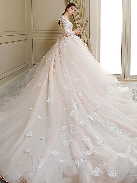 Princess Ball Gown Wedding Dresses Jewel Neck Chapel Train Lace Tulle Long Sleeve Formal Romantic Luxurious with Bow(s)