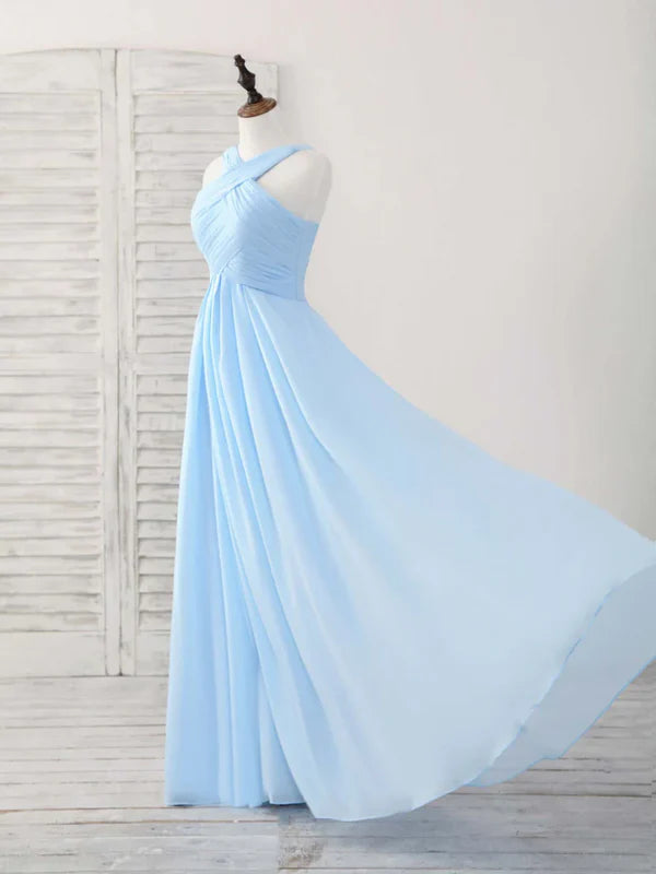 Simple V Neck Chiffon Sky Blue Floor-length Prom Dress Bridesmaid Dress Solid Color