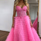 A Line Sweetheart Tiered Long Corset Prom Dress With Lace Off Shoulder With Slit