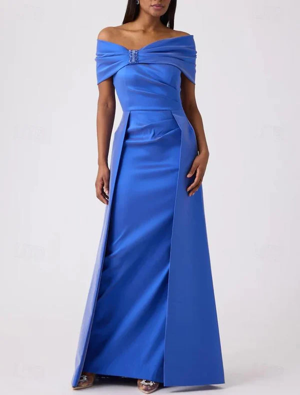 Sheath / Column Evening Gown Elegant Dress Formal Floor Length Sleeveless Off Shoulder Satin Wedding Guest Dress