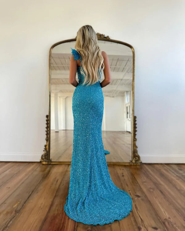 Sparkly Mermaid One Shoulder Blue Sequins Long Prom Dresses Evening Dress With Slit