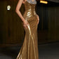 Sparkly Golden Mermaid Strapless Long Beaded Prom Dress with Slit Sexy Evening Dress