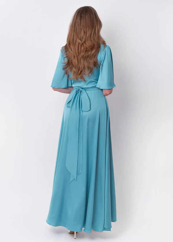 Blue A-Line Silk Dress Wrap Dress Bridesmaid Dress Wedding Guest Dress Party Dress