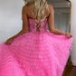 A Line Sweetheart Tiered Long Corset Prom Dress With Lace Off Shoulder With Slit