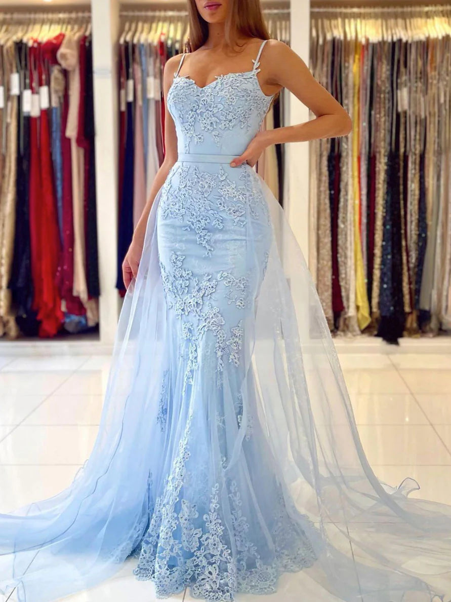 Sky Blue mermaid lace tulle long prom dress evening dress Formal Dress december wedding guest dress