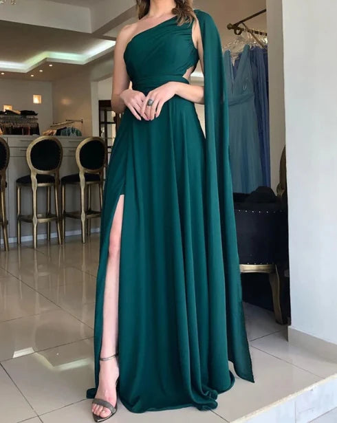 Green Chiffon Bridesmaid Dresses Wedding Guest Party Dresses One Shoulder With Slit Evening Dress