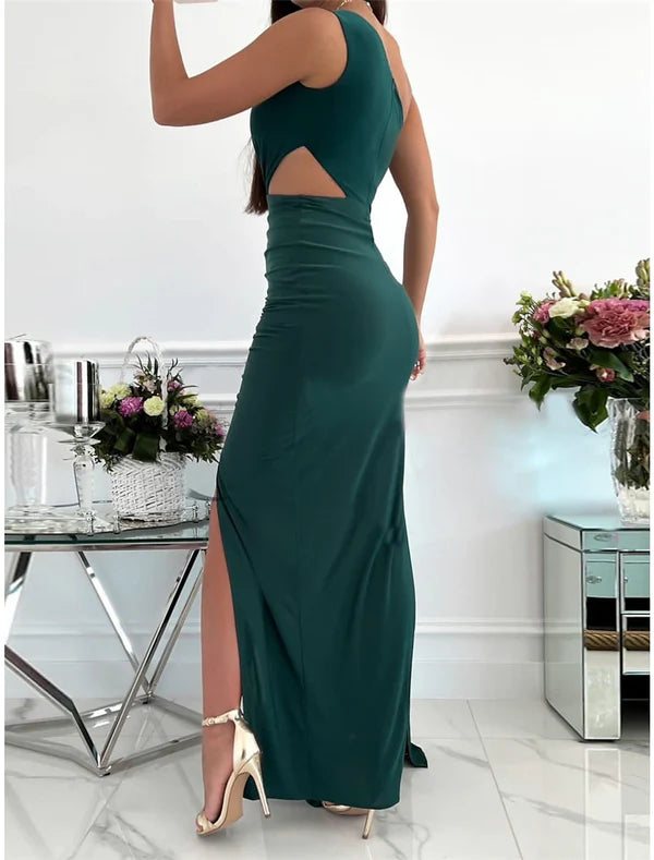 Women‘s Prom Dress Wedding Guest Party Dress Formal Dress Long Dress Maxi Dress Pink Red Green Sleeveless Pure Color Backless Summer Spring Fall One Shoulder Evening