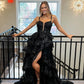 Black Sweetheart Tiered Sequin Lace Long Prom Dresses Sparkly Evening Dress With Slit