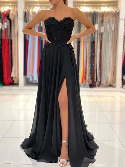 Black sweetheart A line chiffon lace long prom dress evening dress Off Shoulder With Slit