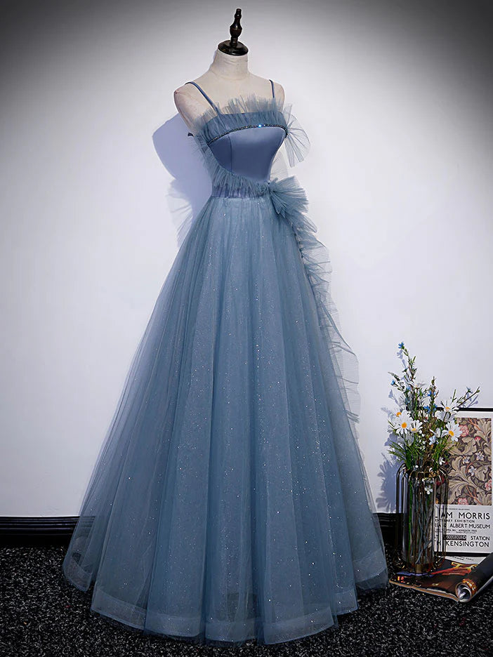 Gray blue tulle long prom dress A line evening dress Formal Dress december wedding guest dress