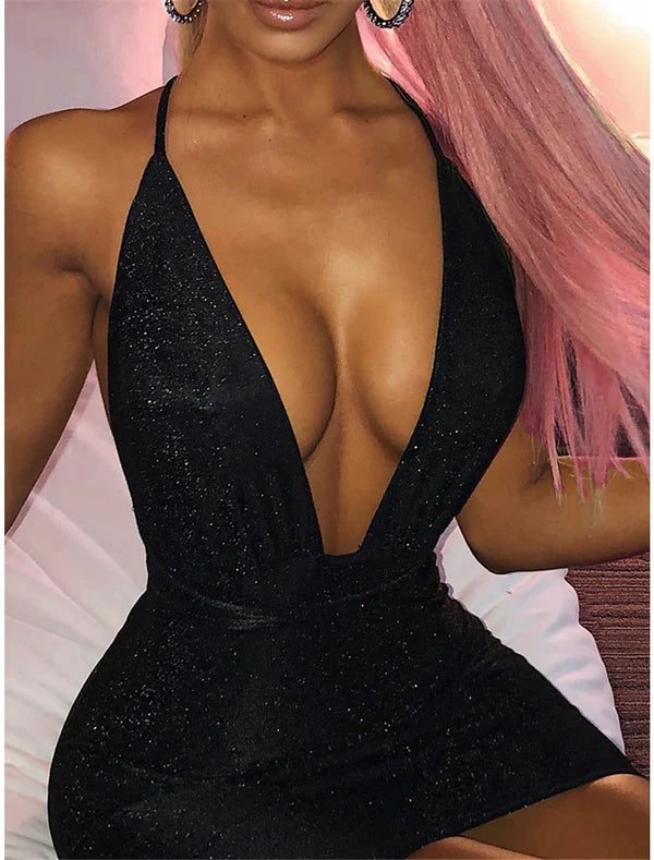 Women's Party Dress Bodycon Sexy Dress Mini Dress Black Pink Red Sleeveless Ruched Summer Deep V Fashion Birthday Dress Sparkly