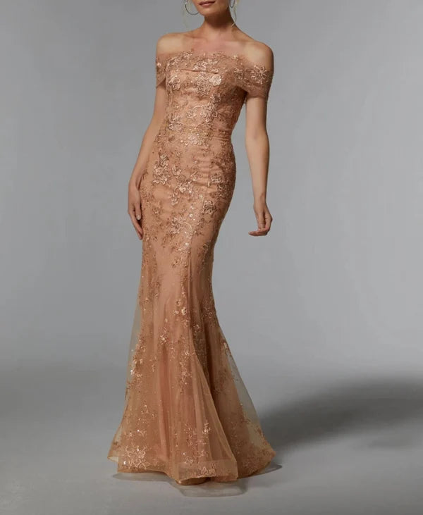 Sequins/Sparkling Mermaid Tulle With Appliques Off Shoulder Mother of the Bride Dress Evening Dresses Elegant