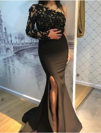 A-Line Mermaid / Trumpet Prom Dresses Glittering Dress Wedding Guest Prom Sweep / Brush Train Sleeveless One Shoulder Stretch Fabric with Beading Slit Appliques Evening Dress