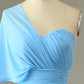 Blue One Shoulder Blue Bridesmaid Dress Chiffon Wedding Guest Dress Solid Color