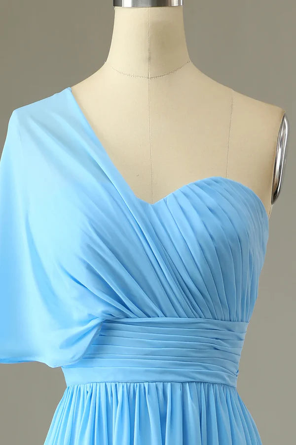 Blue One Shoulder Blue Bridesmaid Dress Chiffon Wedding Guest Dress Solid Color