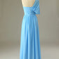 Blue One Shoulder Blue Bridesmaid Dress Chiffon Wedding Guest Dress Solid Color