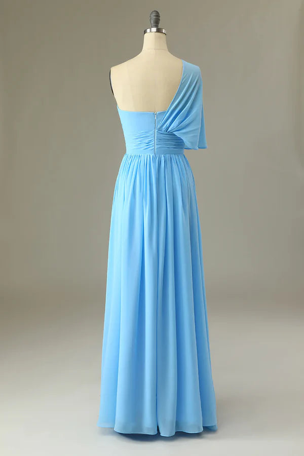 Blue One Shoulder Blue Bridesmaid Dress Chiffon Wedding Guest Dress Solid Color