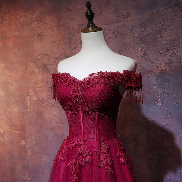 Beautiful Wine Red Tulle Sweetheart Long Prom Dress A-line Party Dress Elegant Evening Dress