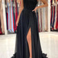 Black sweetheart A line chiffon lace long prom dress evening dress Off Shoulder With Slit